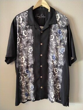 Tommy Bahama Embroidered Floral Design 100% Silk Short Sleeve Button-Up, XL